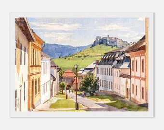 Spišská Kapitula Watercolor. Framed, Canvas, Acrylic or Paper Print. Slovak Vatican Street View. Medieval Slovakia Spiš Castle Landscape
