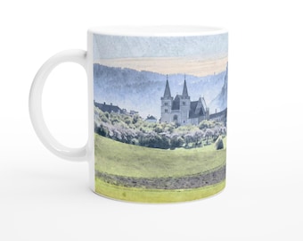Spiš Castle Watercolor Mug. Cozy Central Europe Coffee Cup. Slovak Landscape Travel Gift. White 11oz Ceramic Mug