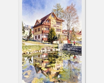 High Tatras Watercolor. Framed, Canvas, Acrylic or Paper Print. Villa Mon Ami Nový Smokovec. Slovak Mountain Landscape. Alpine Reflection