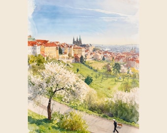 Spring View from Strahov. Prague Castle Panorama Watercolor Print. Romantic European Landscape Wall Art (Digital Download)