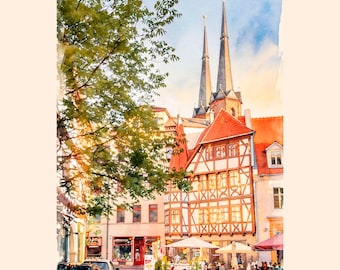 Halle Half Timbered House Watercolor Printable. German Old Town Wall Art. Sunset European Street Café Poster (Digital Download)