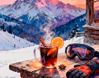 May include: A glass mug filled with a dark red beverage, garnished with a cinnamon stick, orange slice, and star anise, sits on a wooden table next to black ski goggles and red and black winter gloves, with a snowy mountain landscape in the background.
