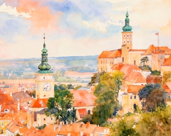 Mikulov Castle Watercolor Printable Art. South Moravia Czech Republic Wine Region Landscape (Digital Download)