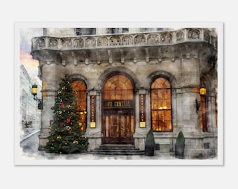 Vienna Cafe Central Watercolor Poster. Framed, Canvas or Premium Matte Paper Print. European Old Town Architecture. Winter Holiday Decor