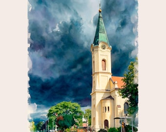 Dramatic European Church Watercolor. Moody Storm Sky Wall Art. Peaceful Slovak Countryside Architecture (Digital Download)