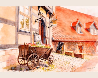 Wernigerode Flower Cart Watercolor Print, German Village Street Scene, Cozy European Wall Art, Rustic Old Town Decor (Digital Download)