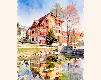 High Tatras Watercolor. Villa Mon Ami Nový Smokovec. Slovak Mountain Landscape. Alpine Reflection Print. Tatras Poster (Digital Download)