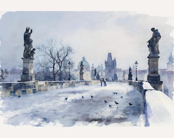 Prague Charles Bridge Watercolor Print. Romantic European City Wall Art. Moody Architectural Travel Poster (Digital Download)