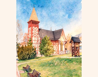 High Tatras Watercolor. Starý Smokovec Church Print. Slovak Mountain Landscape. Historic Wooden Church Poster (Digital Download)