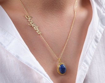 Personalized Gold Crystal Lapis Lazuli Name Necklace, Anxiety Necklace, Custom Gemstone Necklace, Lapis Lazuli Birthstone Jewelry.
