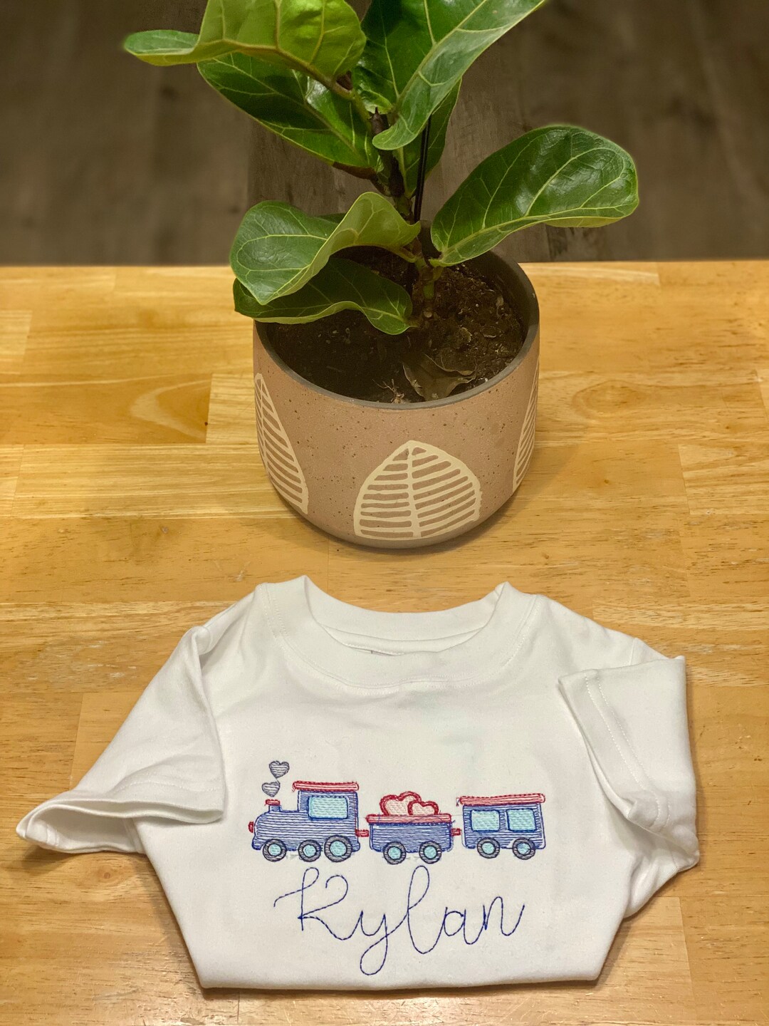 Kids Valentines Day Train Embroidered Shirt Heart Train Blue Toddler