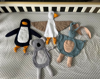 Przytulanka dla niemowląt Minky, lniana kołderka dla noworodka, prezent na baby shower, gęś, koala, pingwin, prezent urodzinowy dla niemowlęcia, ręcznie robiony króliczek, prezent dla nowego dziecka