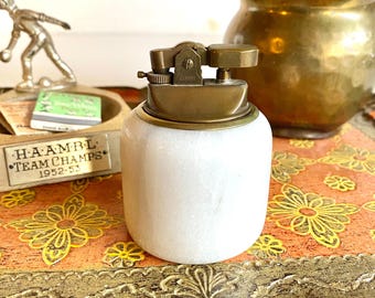 Vintage White Marble/Onyx Table Lighter | smoking accessories | Tobacciana | MCM | Glam | Smooth | Natural Stone | Home Decor | Brass Accent