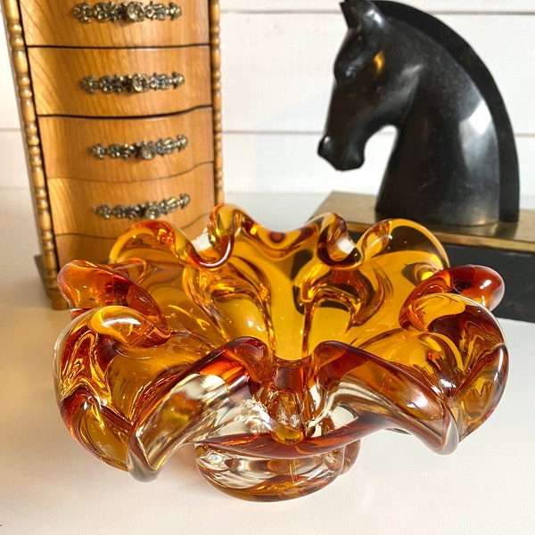 Vintage mid century modern amber glass ashtray | Murano style glass | smoking accessories | atomic ashtray | Tobacciana | chalet glass |