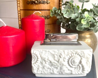 White Bisque Porcelain Kaiser Table Lighter | Ammonite Fossil Design | smoking accessories | MCM | Tobacciana | West Germany | Home Decor |