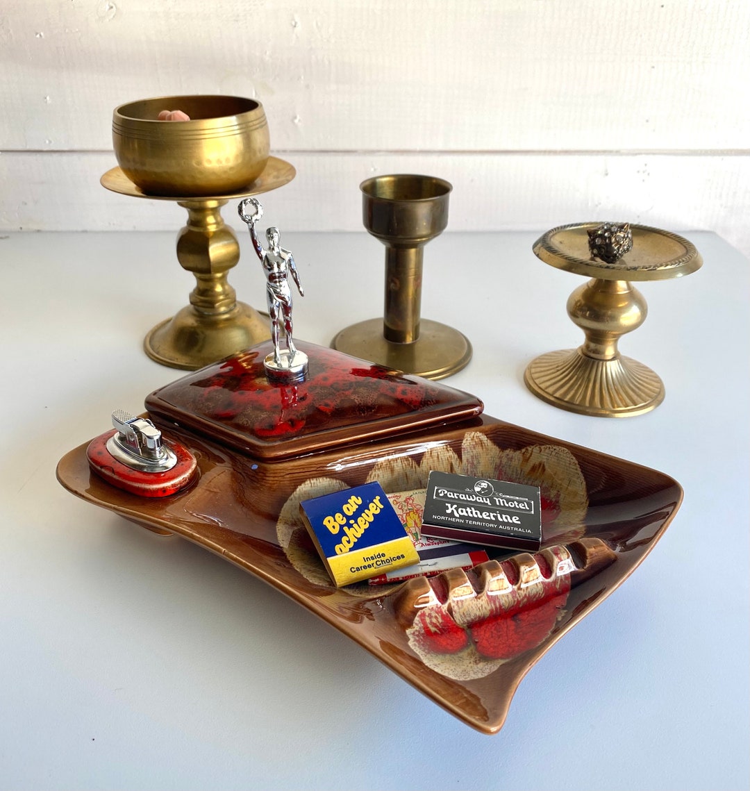 Vintage MCM Red/brown Glaze Ashtray With Builtin Lighter and Stash Box Smoking Accessories