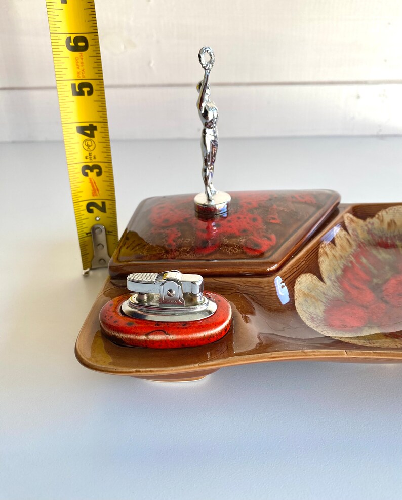 Vintage MCM Red/brown Glaze Ashtray With Builtin Lighter and Stash Box Smoking Accessories