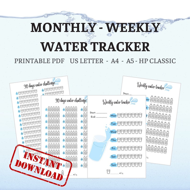 Weekly Water Tracker, 30 Day Water Challenge Printable, Water Intake ...