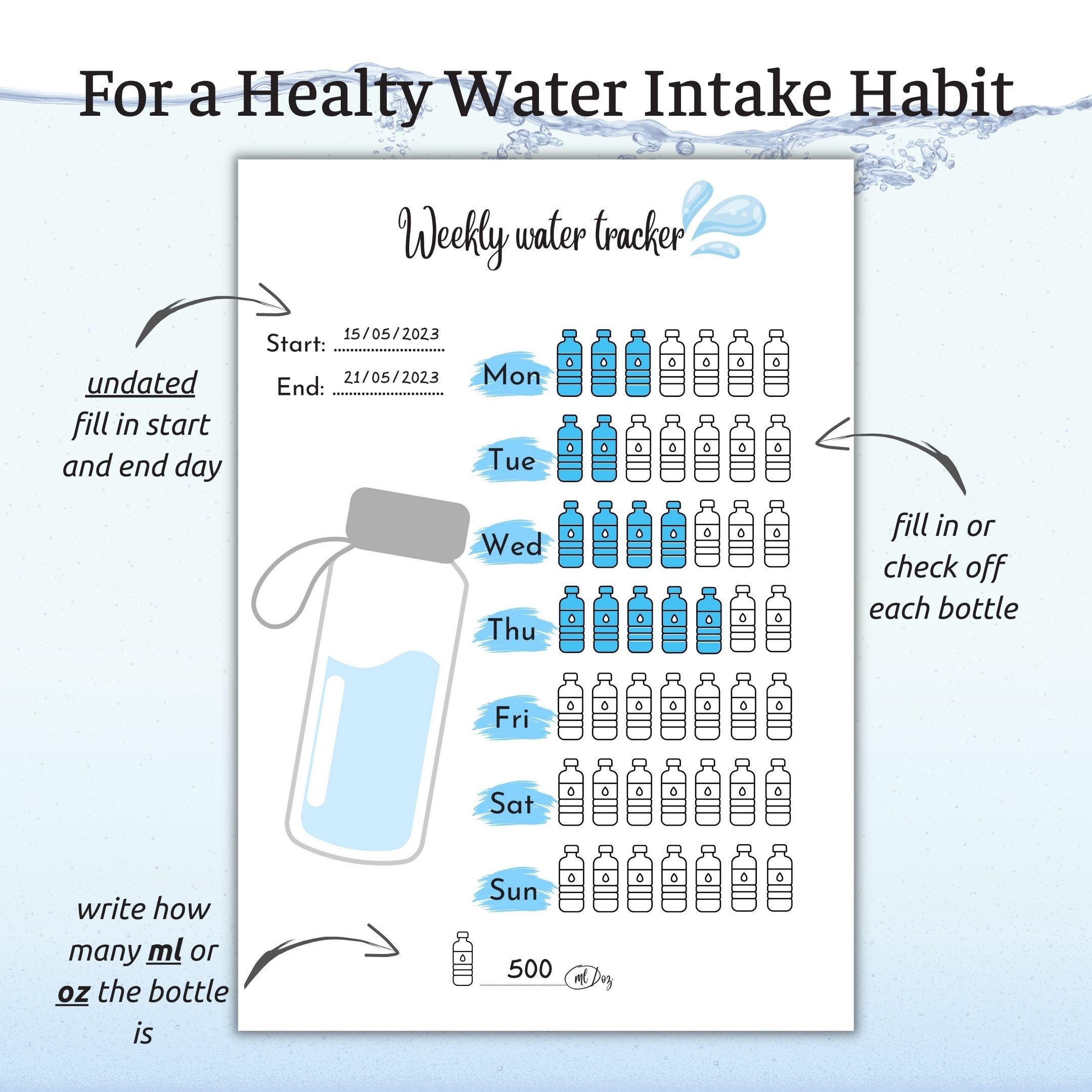 Weekly Water Tracker, 30 Day Water Challenge Printable, Water Intake