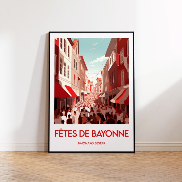 Les Fêtes de Bayonne Poster, Baionako Bestak Print, Poster, Bayonne Wall Art, Baskenland Vintage Travel Poster