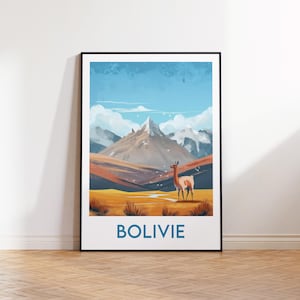 Cartaz da Bolívia, impressão artística da Bolívia, lhama da Bolívia, pôster de viagens vintage, presente da Bolívia, pôster da Bolívia em francês