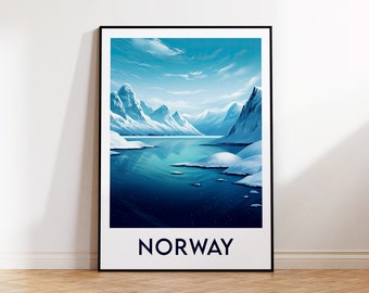 May include: A poster with a scenic view of a snow-capped mountain range reflected in a still blue lake. The text "NORWAY" is printed in black at the bottom of the poster.