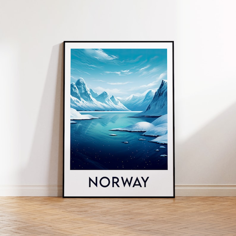 May include: A poster with a scenic view of a snow-capped mountain range reflected in a still blue lake. The text "NORWAY" is printed in black at the bottom of the poster.