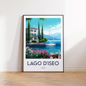 Lago d&#39;Iseo Poster, Lake Iseo Print, Lago Iseo Illustration, Lake Iseo Italy Gift, Vintage Travel Poster,