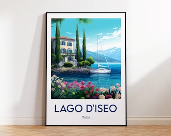 May include: A colorful illustration of a house with a sailboat on a lake. The text "LAGO D'ISEO" and "ITALIA" is at the bottom of the image.