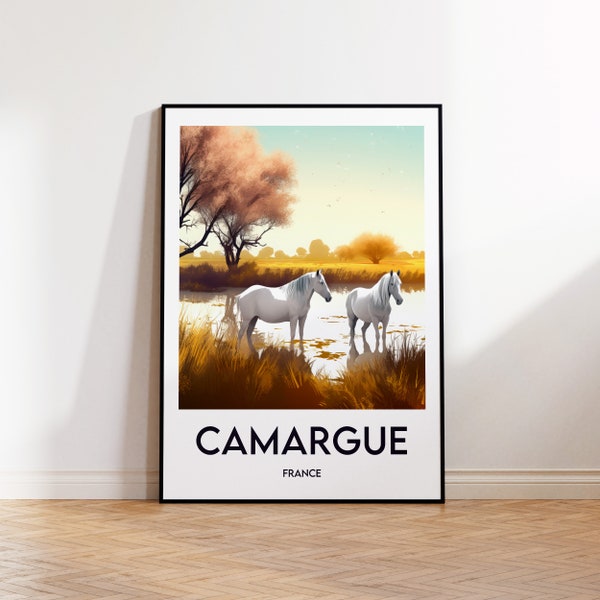 Camargue Poster, Camargue Print, Camargue Illustration, Camargue France Gift, Vintage Travel Poster