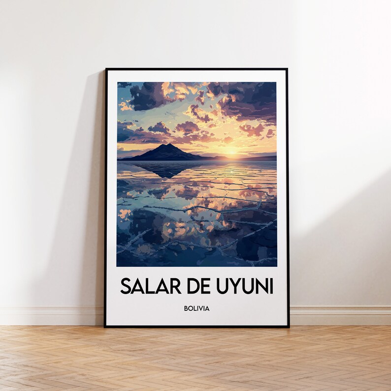 May include: A poster with a scenic view of Salar de Uyuni, a salt flat in Bolivia. The image shows a mountain reflected in the water, with a sunset sky in the background. The text "Salar de Uyuni, Bolivia" is printed at the bottom of the poster.