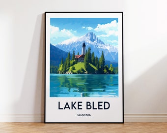 Poster del Lago di Bled, Stampa del Lago di Bled Slovenia, Illustrazione dell'Isola di Bled, Regalo Blejsko jezero, Poster di viaggio vintage