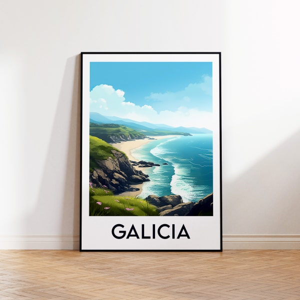 Poster della Galizia, stampa della Galizia, illustrazione della Galizia, regalo della Galizia Spagna, poster di viaggio vintage