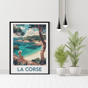 May include: A vintage travel poster featuring a woman sitting on a cliff overlooking a turquoise bay with a white sandy beach. The poster has the text "LA CORSE" in blue letters at the bottom.