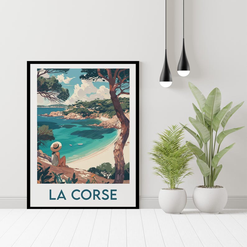 May include: A vintage travel poster featuring a woman sitting on a cliff overlooking a turquoise bay with a white sandy beach. The poster has the text "LA CORSE" in blue letters at the bottom.