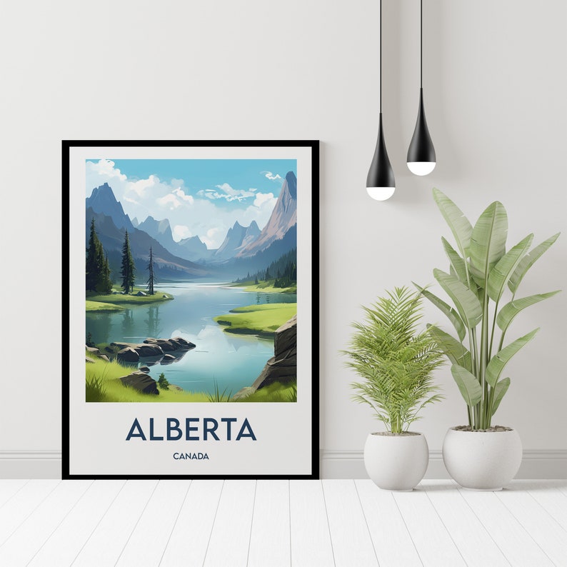 May include: A framed print of a landscape scene with mountains, a lake, and trees. The print has the text "ALBERTA CANADA" at the bottom.