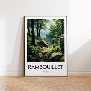 May include: A vintage travel poster featuring a scenic forest path with a view of a valley in the distance. The poster is titled "Rambouillet, France".