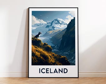 Poster dell'Islanda, stampa artistica dell'Islanda, pulcinella di mare islandese, regalo Jökulsárlón, poster di viaggio vintage, poster dell'Islanda