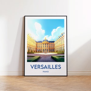 May include: A colorful illustration of the Palace of Versailles in France. The palace is a large, yellow building with a blue roof and many windows. The palace is surrounded by a green lawn and trees. The text "VERSAILLES FRANCE" is printed below the image.