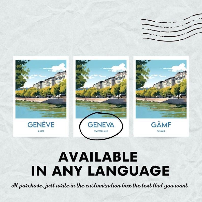 May include: Three postcard designs featuring a cityscape with a river and trees. The top of each postcard has the city name in a circle, with the city name in English and the country name in English below. The city names are Geneva, Geneva, and G&auml;mf. The country names are Switzerland, Switzerland, and Schweiz.
