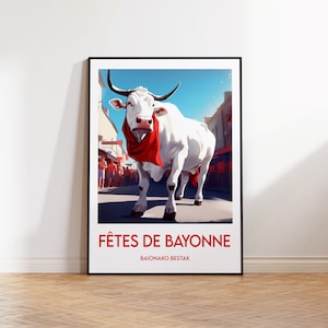 Impresión del Festival de Bayona, póster de Bayona, arte mural de la Feria, póster de viaje retro vasco, regalo de decoración vintage francesa enmarcada