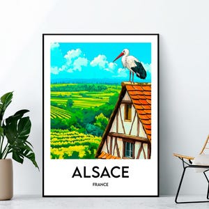 Alsace Poster, Alsace Art Print, Alsace France Stork, Vintage Travel Poster, Alsace France Gift, Affiche Alsace France