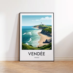 May include: A colorful illustration of a lighthouse on a cliff overlooking a sandy beach with blue ocean waves. The text "VENDÉE FRANCE" is at the bottom of the image.