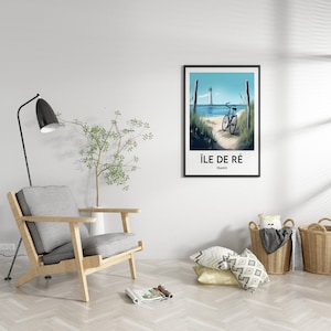 May include: A framed poster with a colorful illustration of a bicycle on a path leading to a lighthouse on a beach. The poster has the text "&Icirc;le de R&eacute;" and "France" printed below the image.