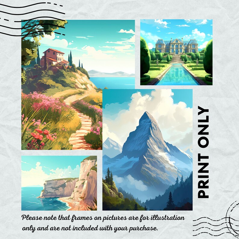 Pu&ograve; includere: Quattro illustrazioni digitali di paesaggi diversi. La prima immagine mostra un sentiero che porta in cima a una collina con una casa in lontananza. La seconda immagine mostra una cima di montagna con la neve in cima. La terza immagine mostra una scogliera che si affaccia sull'oceano. La quarta immagine mostra un grande edificio con una piscina di fronte. Il testo "PRINT ONLY" &egrave; nell'angolo in basso a destra dell'immagine.