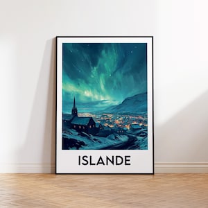 Iceland Poster, Iceland Art Print, Iceland Northern Lights, Vintage Travel Poster, Iceland Gift, Iceland Poster in French