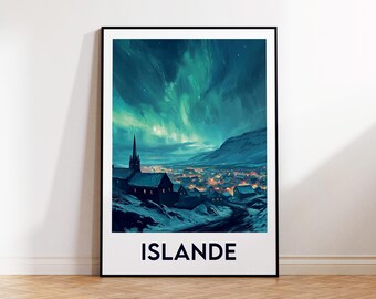 Iceland Poster, Iceland Art Print, Iceland Northern Lights, Vintage Travel Poster, Iceland Gift, Iceland Poster in French