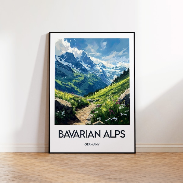 Bavarian Alps Print, Bavaria Poster, Alps Wall Art, Deutschland Retro Travel Poster, Framed Germany Vintage Home Decor Gift