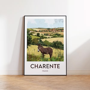 Charente Poster, Charente Kunstdruck, Charente Frankreich anpassbar, Vintage Reiseposter, Charente Frankreich Esel, Charente Frankreich Poster
