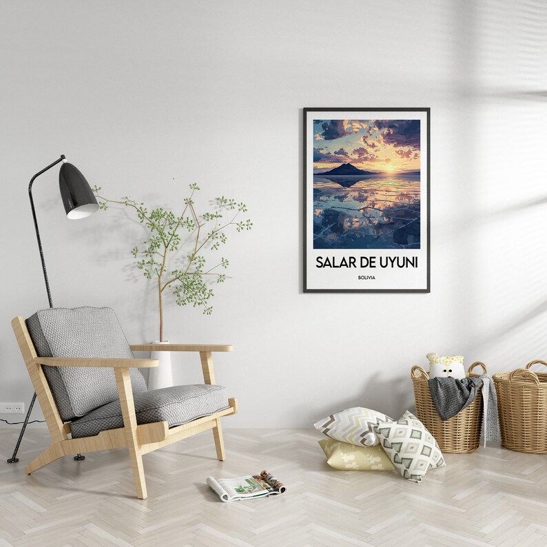 May include: A framed print of a landscape photograph of a mountain range reflected in a body of water. The sky is a vibrant orange and pink sunset. The text "SALAR DE UYUNI, BOLIVIA" is printed below the image.